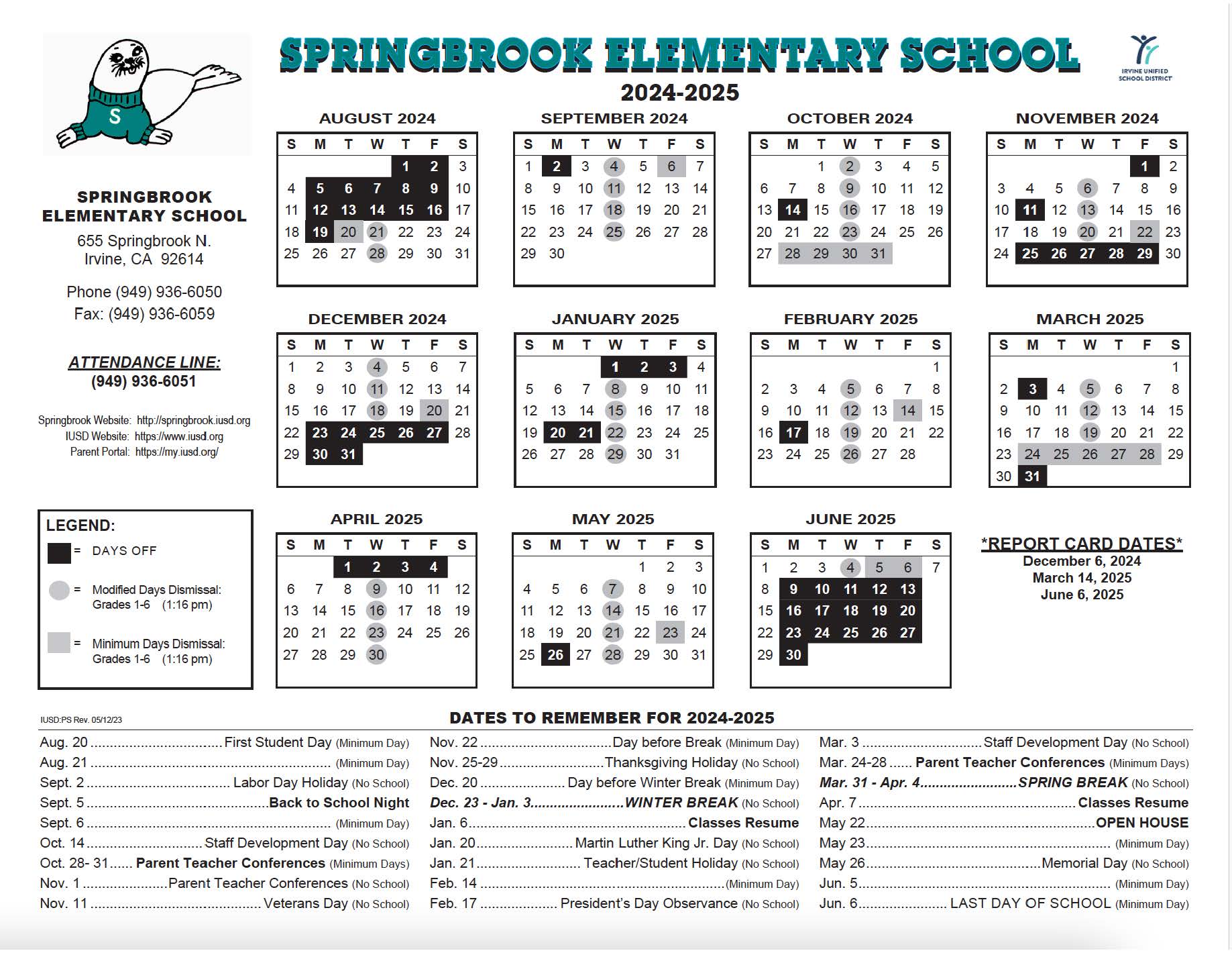 Calendar & Events Springbrook Elementary